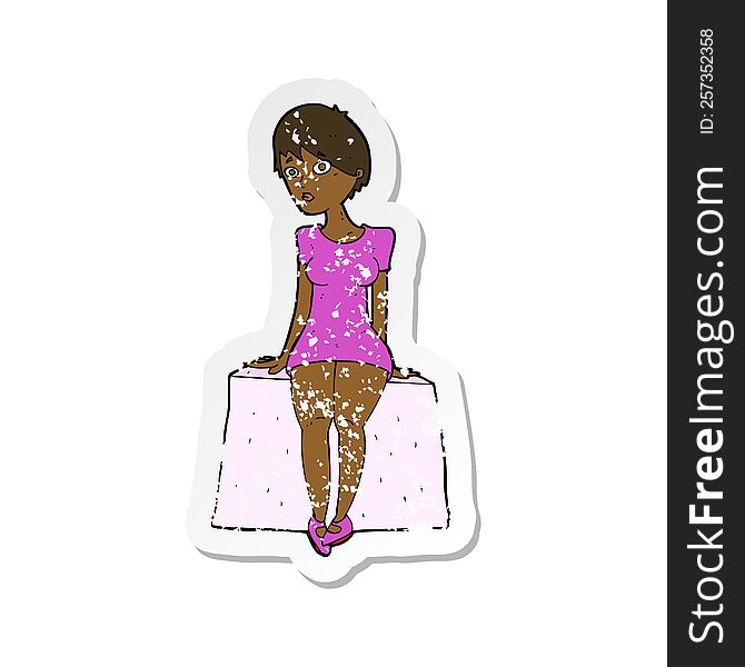 retro distressed sticker of a cartoon curious woman sitting