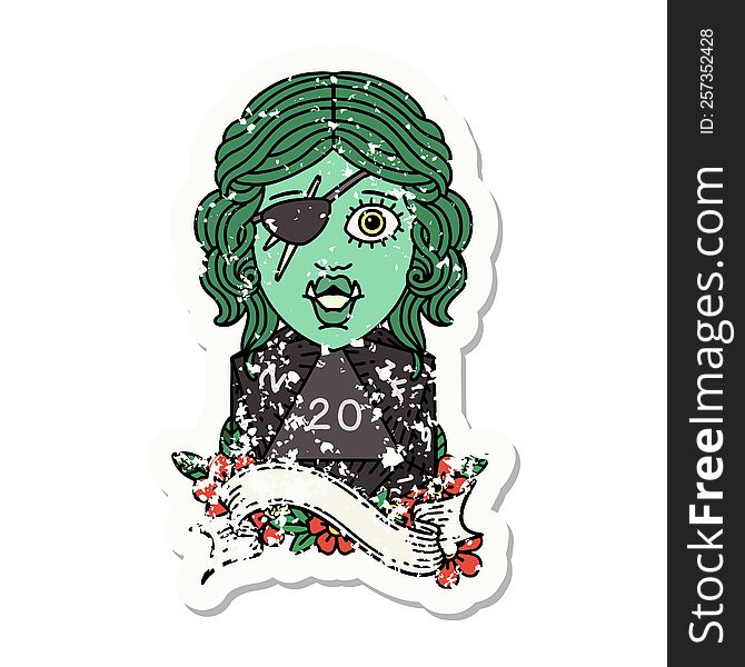 grunge sticker of a orc rogue character with natural twenty dice roll. grunge sticker of a orc rogue character with natural twenty dice roll