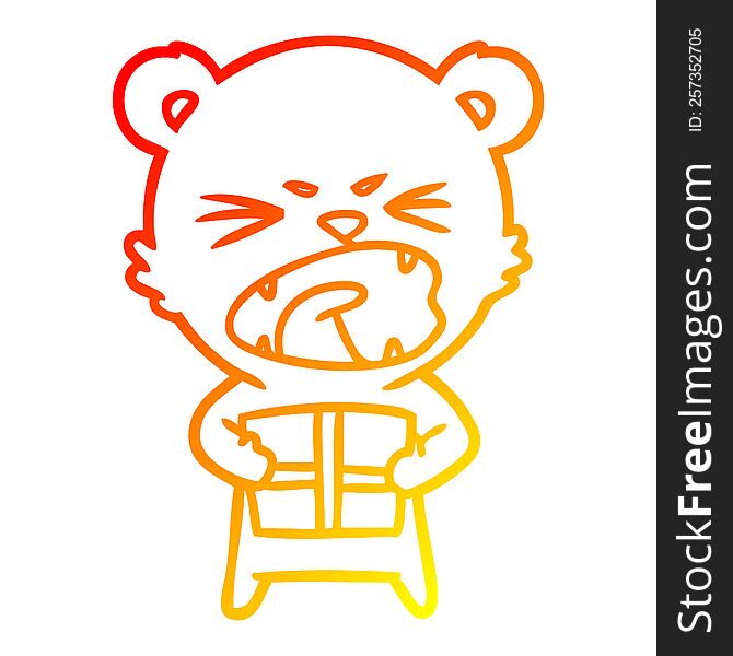 Warm Gradient Line Drawing Angry Cartoon Bear With Present
