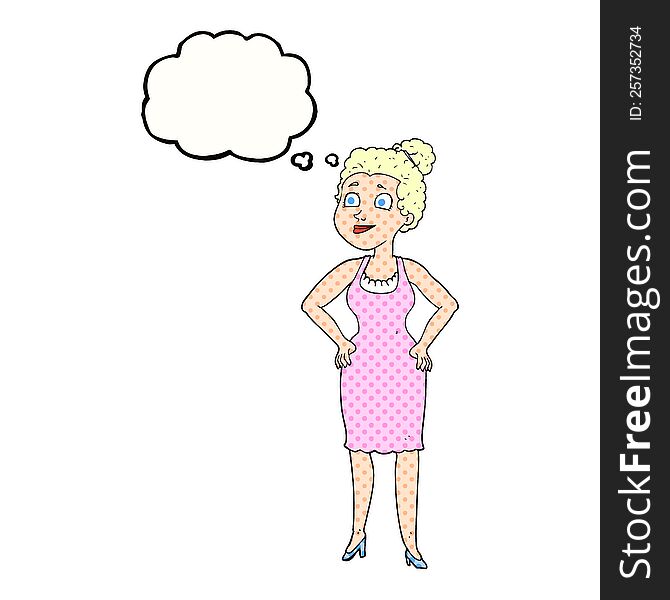 freehand drawn thought bubble cartoon woman wearing dress