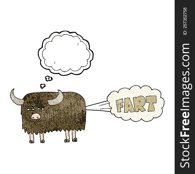 freehand drawn thought bubble textured cartoon hairy cow farting