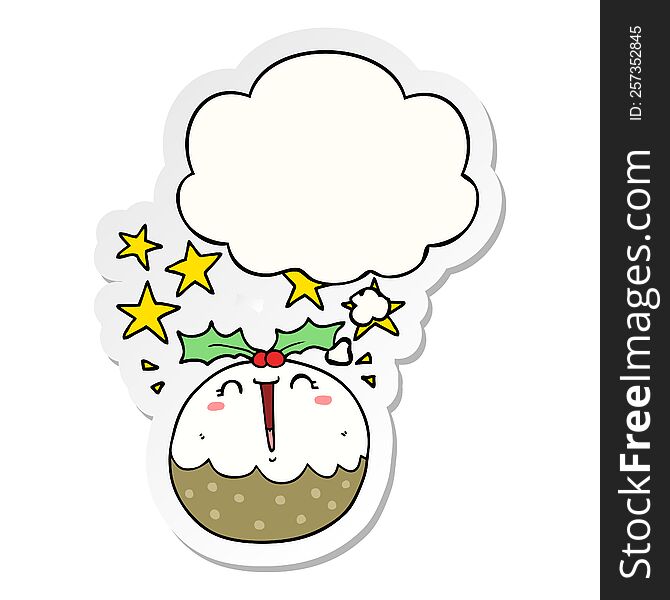 Cute Cartoon Happy Christmas Pudding And Thought Bubble As A Printed Sticker