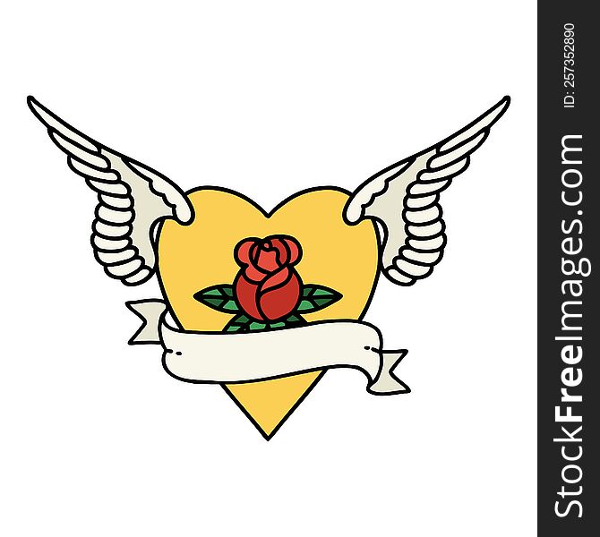 Traditional Tattoo Of A Heart With Wings A Rose And Banner