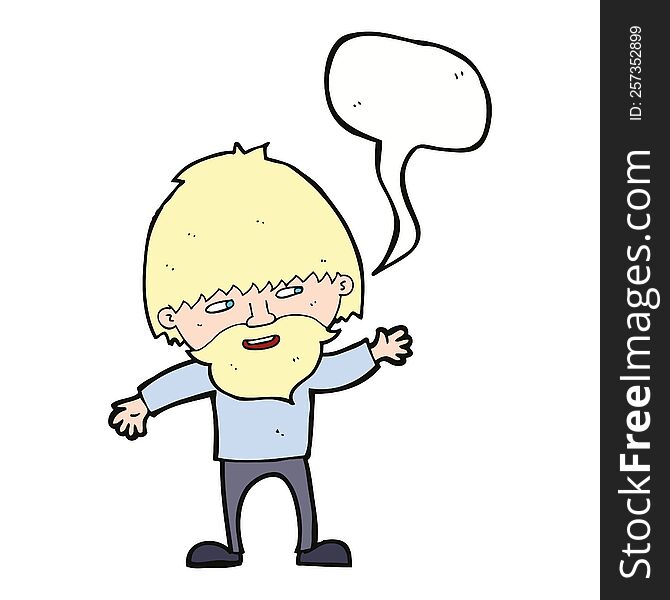 Cartoon Happy Bearded Man Waving With Speech Bubble