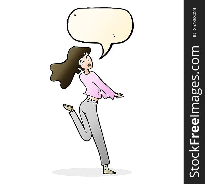 cartoon happy girl kicking out leg with speech bubble