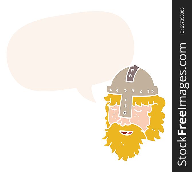 cartoon viking face with speech bubble in retro style