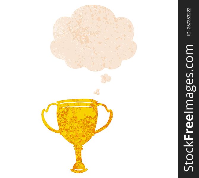 Cartoon Sports Trophy And Thought Bubble In Retro Textured Style