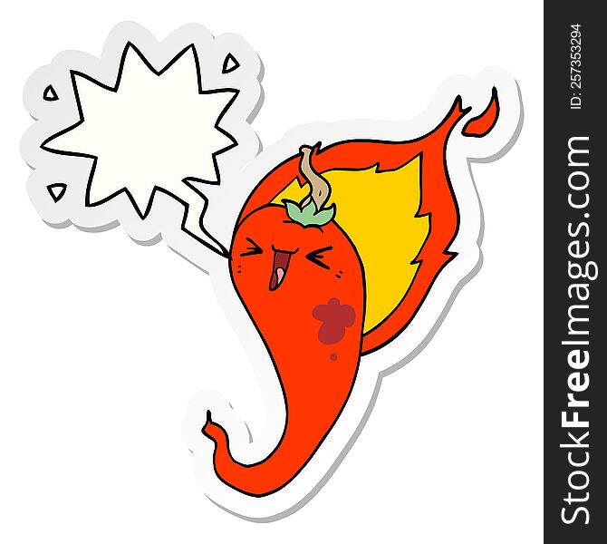 Cartoon Flaming Hot Chili Pepper And Speech Bubble Sticker