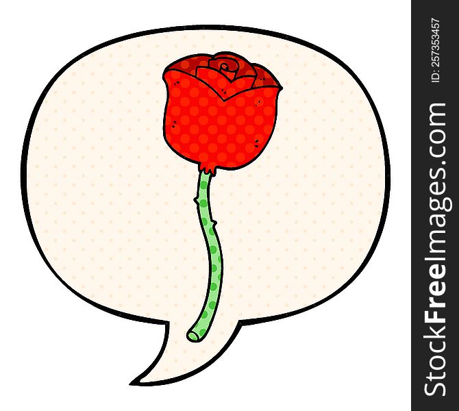 cartoon rose with speech bubble in comic book style