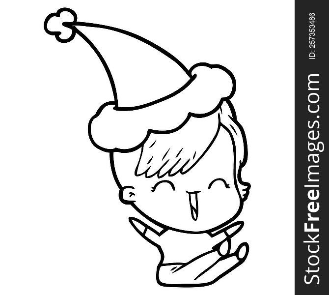 Line Drawing Of A Happy Hipster Girl Wearing Santa Hat