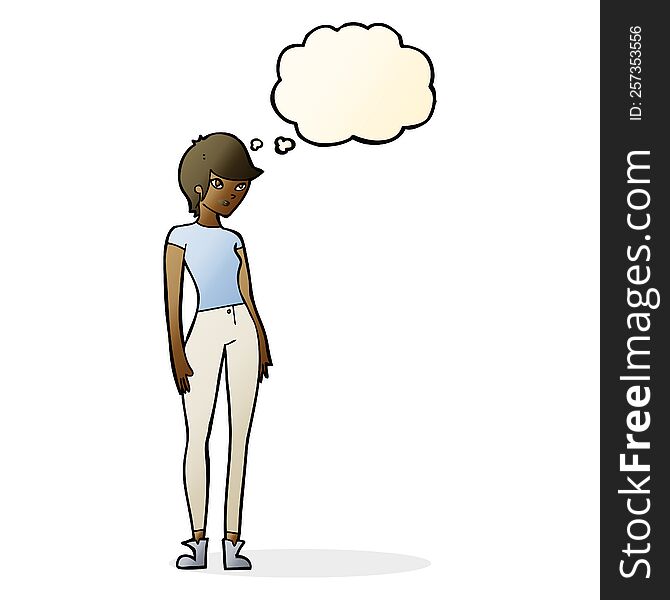 cartoon modern attractive woman with thought bubble