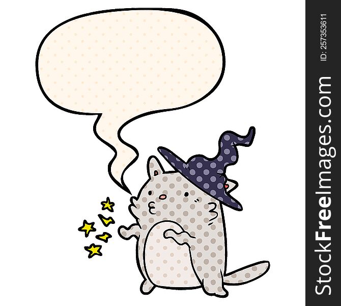 magical amazing cartoon cat wizard with speech bubble in comic book style