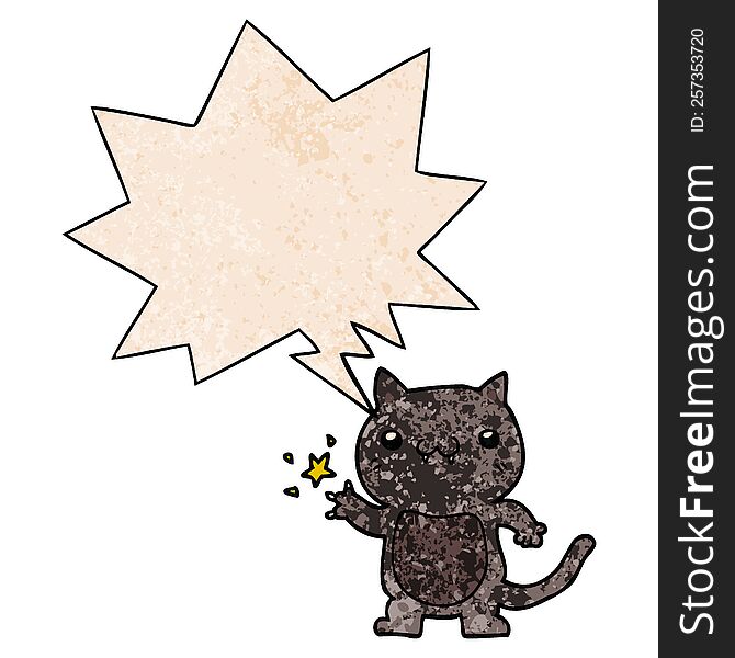 cartoon cat scratching and speech bubble in retro texture style