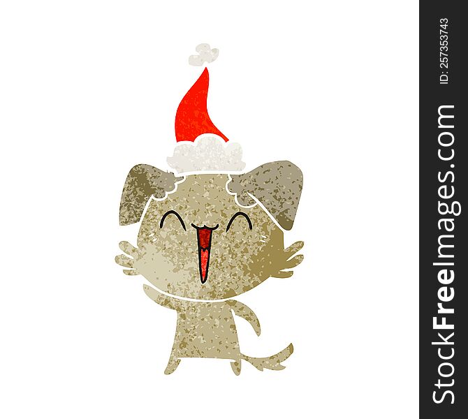 Waving Little Dog Retro Cartoon Of A Wearing Santa Hat
