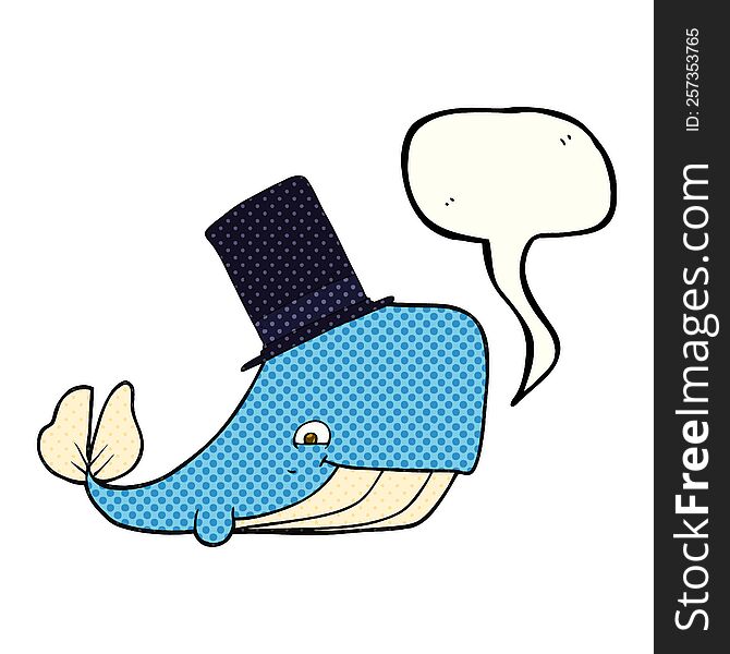freehand drawn comic book speech bubble cartoon whale in top hat