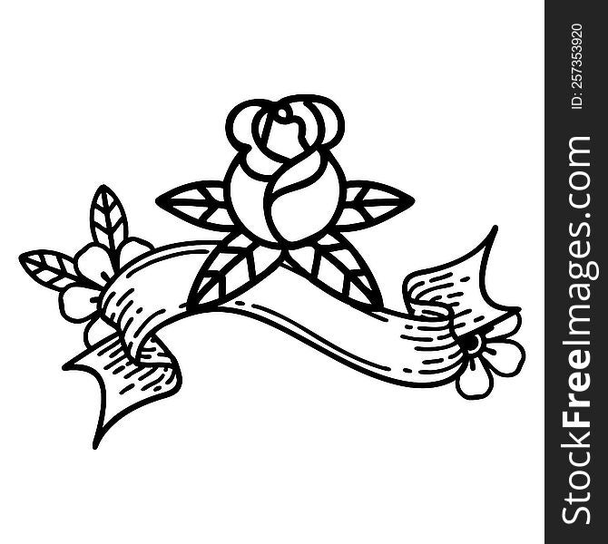 traditional black linework tattoo with banner of a single rose