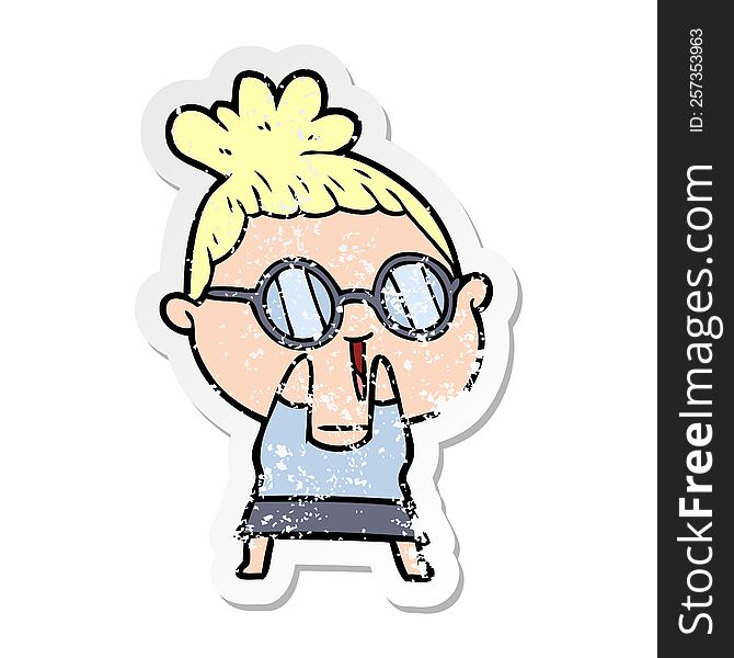 distressed sticker of a cartoon shy woman wearing spectacles