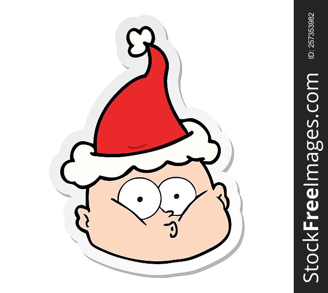 hand drawn sticker cartoon of a curious bald man wearing santa hat