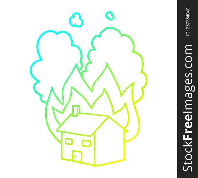 cold gradient line drawing of a cartoon burning house