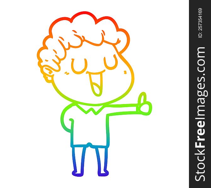 rainbow gradient line drawing of a laughing cartoon man giving thumbs up sign