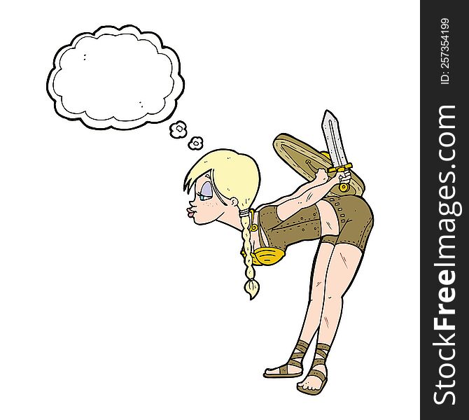 cartoon viking girl bowing with thought bubble