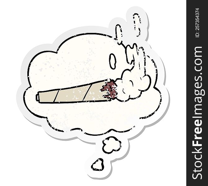 cartoon marijuana joint with thought bubble as a distressed worn sticker
