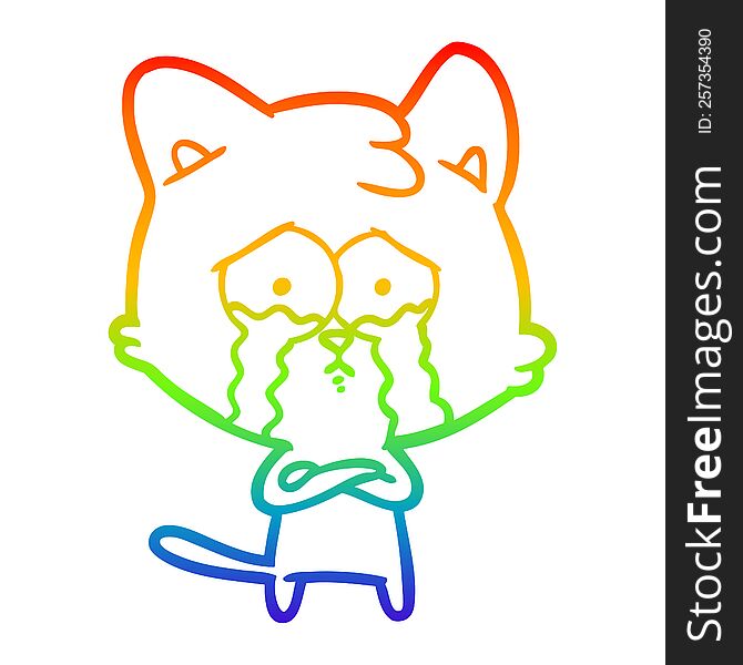 Rainbow Gradient Line Drawing Cartoon Crying Cat