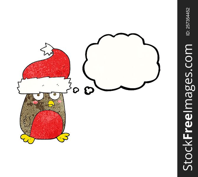 Thought Bubble Textured Cartoon Christmas Robin Wearing Santa Hat