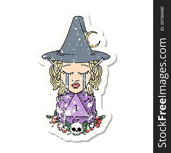 Crying Elf Witch With Natural One D20 Roll Grunge Sticker