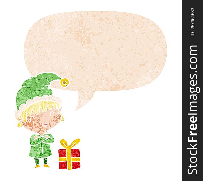 Cartoon Happy Christmas Elf And Speech Bubble In Retro Textured Style