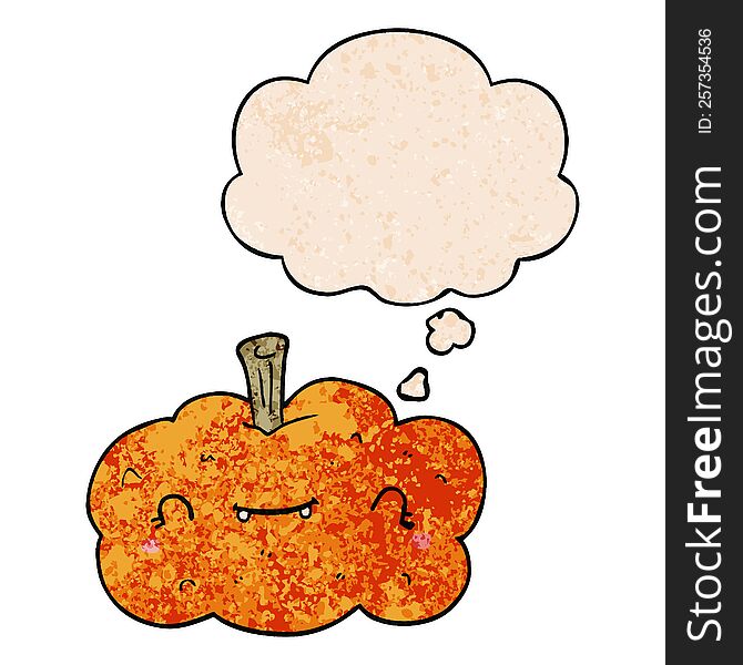 Cartoon Pumpkin And Thought Bubble In Grunge Texture Pattern Style