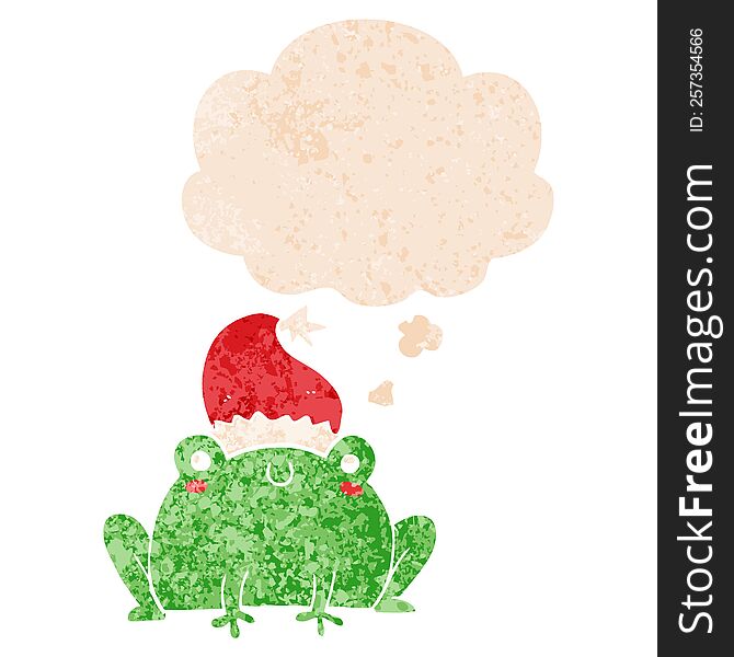 Cute Cartoon Christmas Frog And Thought Bubble In Retro Textured Style