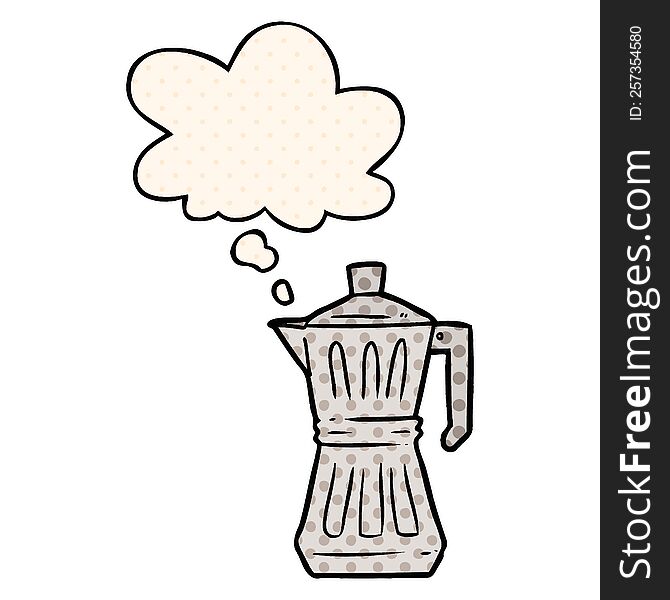 cartoon espresso maker with thought bubble in comic book style