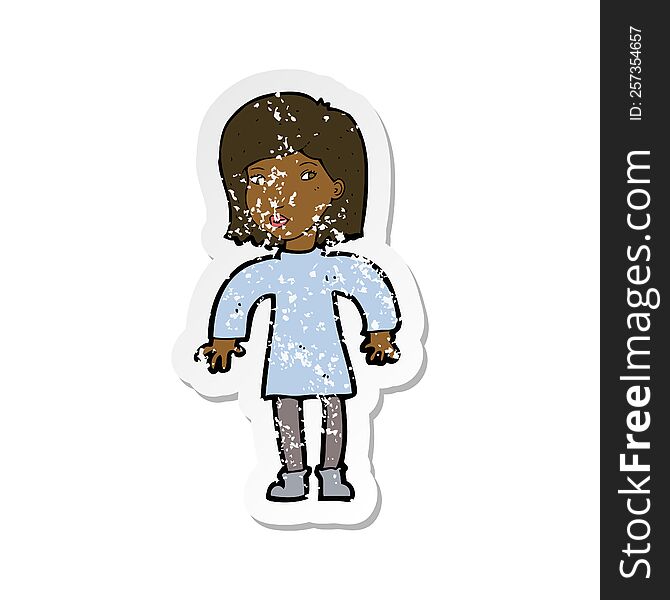 retro distressed sticker of a cartoon cautious woman