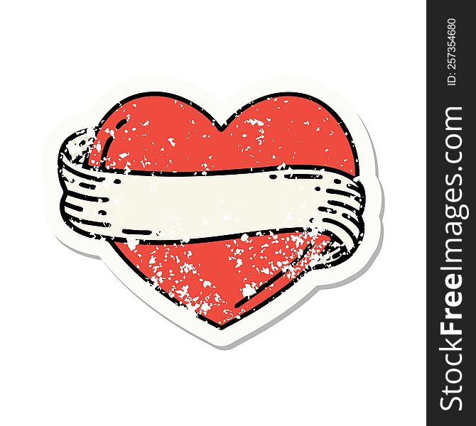 Traditional Distressed Sticker Tattoo Of A Heart And Banner