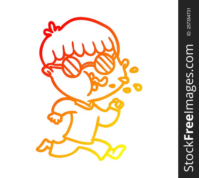 warm gradient line drawing of a cartoon boy wearing spectacles and running