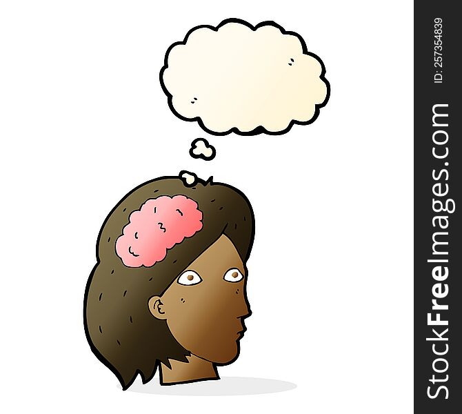 Cartoon Female Head With Brain Symbol With Thought Bubble