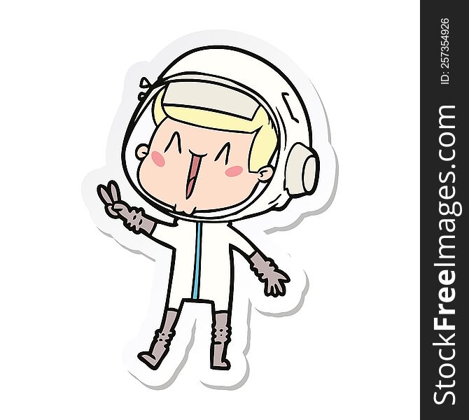 sticker of a happy cartoon astronaut giving peace sign