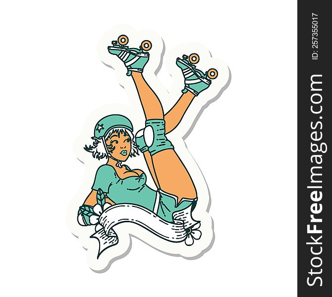 tattoo sticker of a pinup roller derby girl with banner