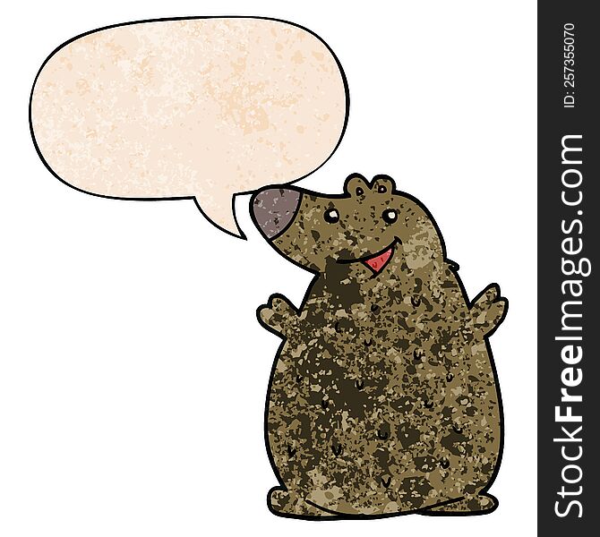 Cartoon Happy Bear And Speech Bubble In Retro Texture Style