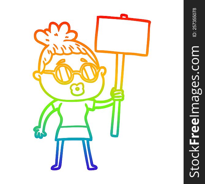 Rainbow Gradient Line Drawing Cartoon Protester Woman Wearing Spectacles