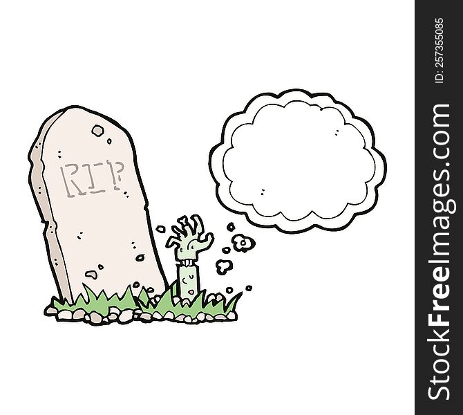 Cartoon Zombie Rising From Grave With Thought Bubble