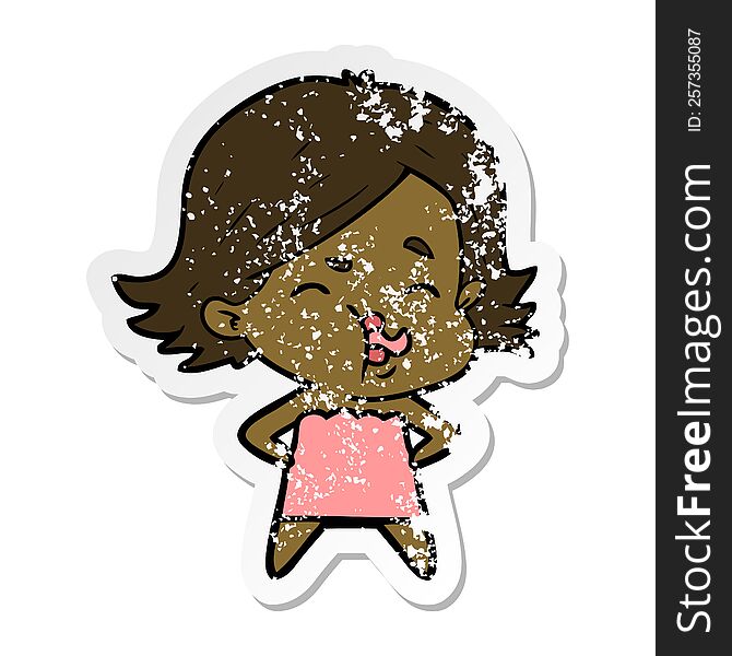 Distressed Sticker Of A Cartoon Girl Pulling Face