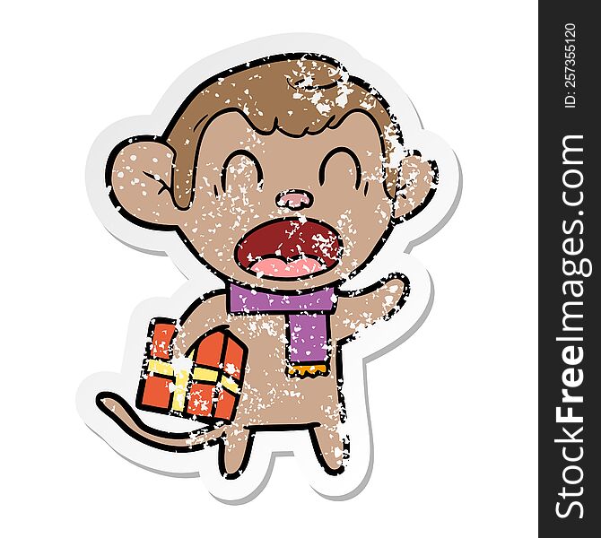 distressed sticker of a shouting cartoon monkey carrying christmas gift