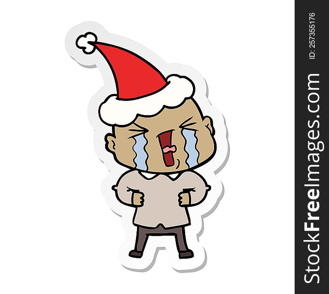 Sticker Cartoon Of A Crying Bald Man Wearing Santa Hat