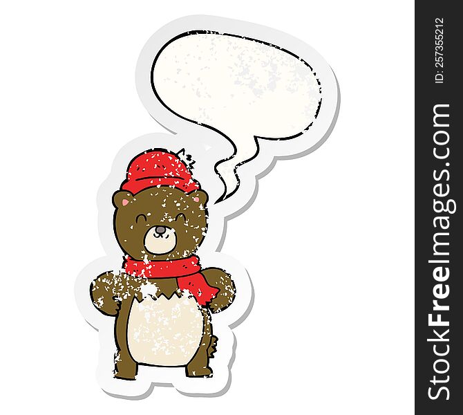 Cute Cartoon Bear And Speech Bubble Distressed Sticker