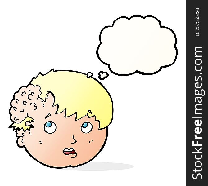 cartoon boy with ugly growth on head with thought bubble
