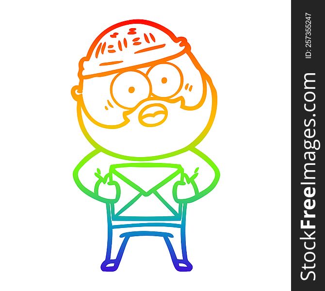 Rainbow Gradient Line Drawing Cartoon Surprised Bearded Man Holding Letter