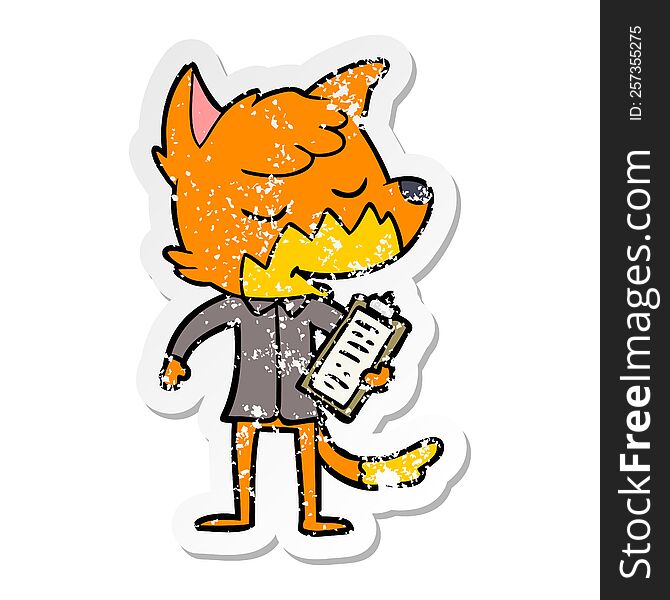 distressed sticker of a friendly cartoon fox manager