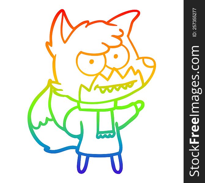 rainbow gradient line drawing cartoon grinning fox in winter clothes